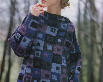 Block Sweater Knitting Pattern | Vintage 1999 Pullover Design | Intarsia Colorwork | Squares Blocks | Adult Sizes | Boat Neck | PDF Download