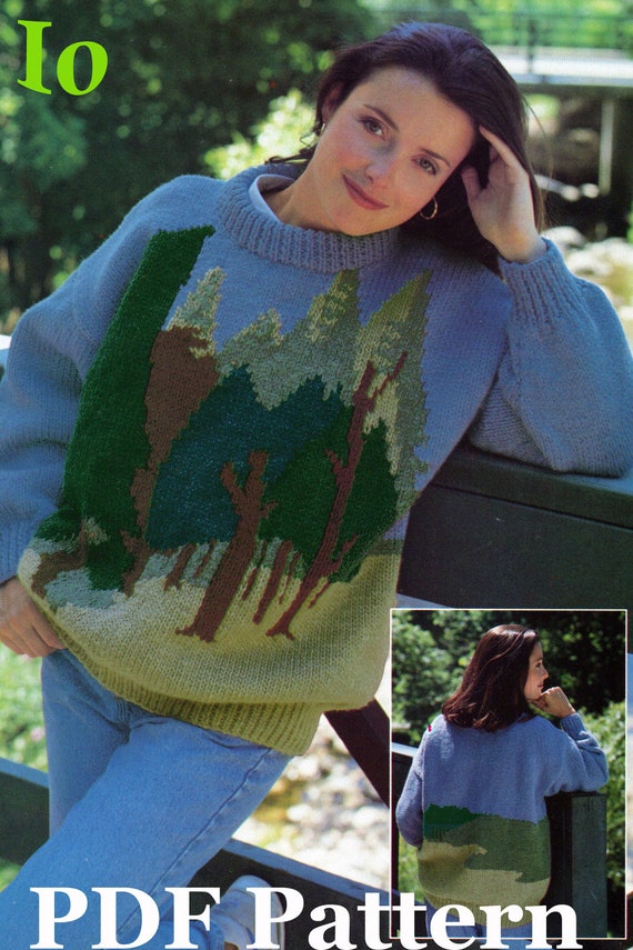 Noble Forest Sweater Knitting Pattern | Adult Oversized Pullover Jumper | Forest Trees Intarsia Colorwork | 1993 Vintage | PDF Download
