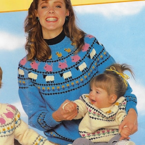 Animal Farm Sweater Knitting Pattern | Child Adult Sizes | Sheep Pig Duck Flower Motifs | Stranded Colorwork | Vintage 1988 |  PDF Download
