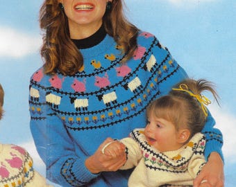 Animal Farm Sweater Knitting Pattern | Child Adult Sizes | Sheep Pig Duck Flower Motifs | Stranded Colorwork | Vintage 1988 |  PDF Download