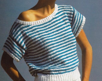 Wzór na letnią bluzkę Esplanade z bawełny | Wzór w stylu vintage z lat 80. | Kolorowe paski | Krótkie rękawy | Rozmiary dla dorosłych | Pobierz plik PDF