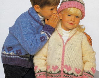 Wzór na sweterek i czapkę „Serca lub diamenty” | Vintage 1986 | Rozmiary dziecięce | Kolorowa włóczka Fair Isle | Zamek błyskawiczny | Pobierz plik PDF