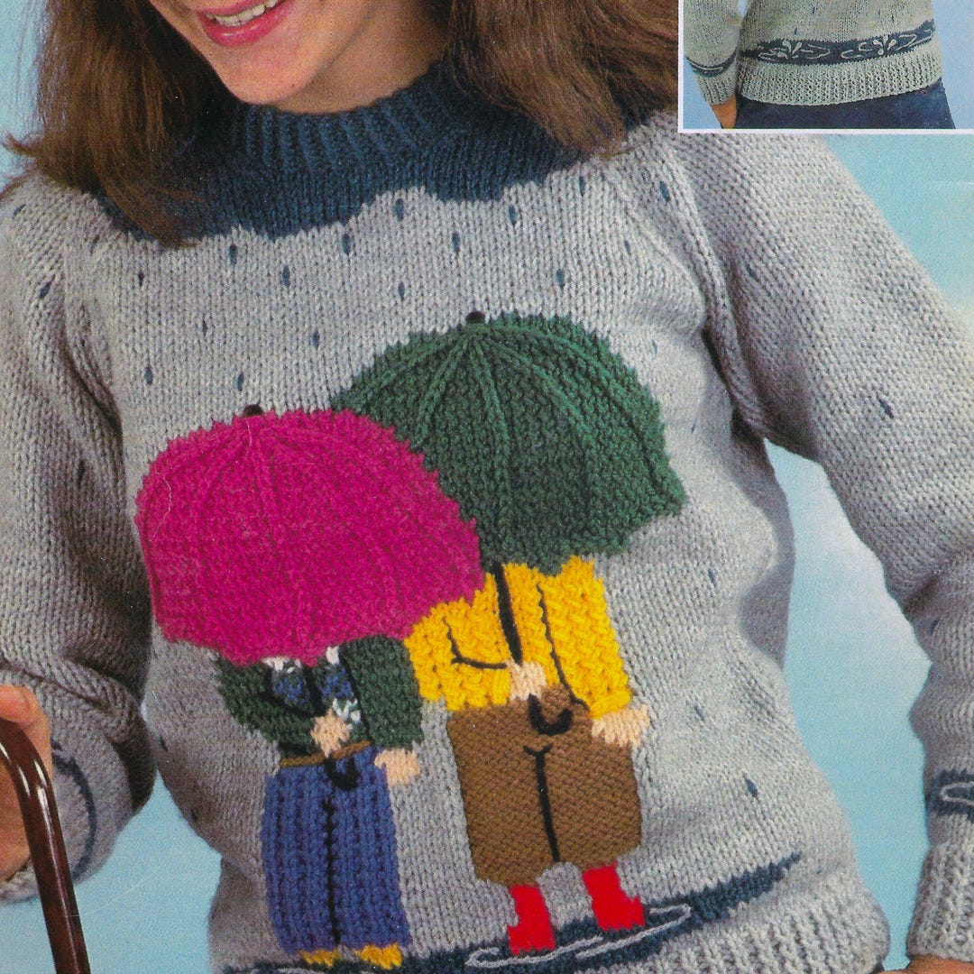 Rainy Days Sweater Knitting Pattern | Vintage 1983 Design | Intarsia ...