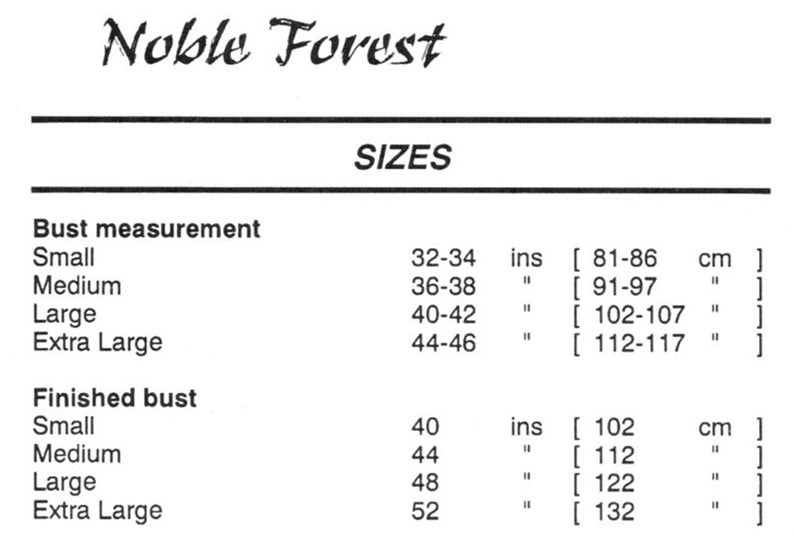 May include: A chart showing bust measurements in inches and centimeters for different sizes: Small (32-34 inches, 81-86 cm), Medium (36-38 inches, 91-97 cm), Large (40-42 inches, 102-107 cm), and Extra Large (44-46 inches, 112-117 cm). It also shows the finished bust measurements in inches and centimeters for each size.