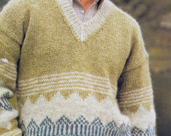 Wzór na sweter i kardigan w stylu islandzkim | Vintage Lopi z 1982 r. | Haft kolorowy Fair Isle | Rozmiary dla dorosłych | Dekolt w serek | Pobierz plik PDF