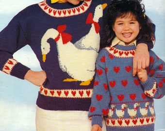 Ducks Sweater Set Knitting Pattern | 2 Designs Adult and Child Sizes | Geese Hearts Textured | Intarsia Fair Isle Colorwork | PDF Download