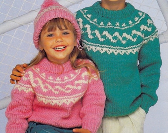 Wzór na sweter i czapkę Fair Isle | Wzór vintage z 1986 roku | Haft wielokolorowy | Pompon | Rozmiary dziecięce | Pobierz plik PDF