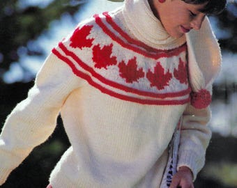 Wzór na sweter z kanadyjskim liściem klonu | Rozmiary dla dzieci i dorosłych | Kolorowa włóczka Fair Isle | Wzór vintage z 1989 roku | Pobierz plik PDF