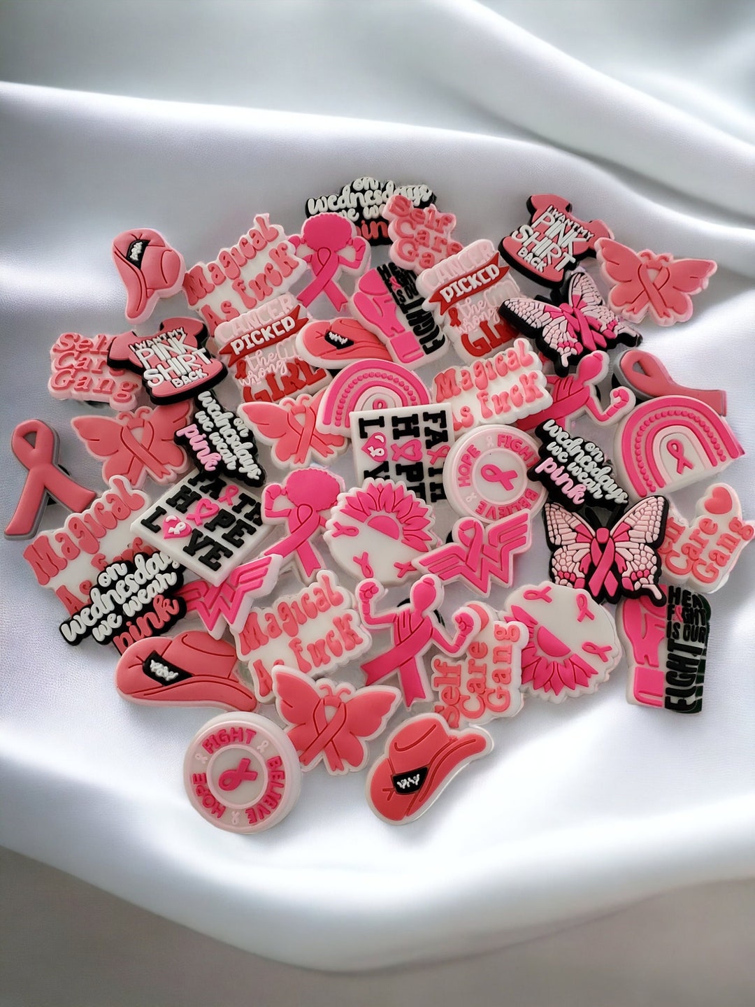 Pink Ribbon Croc Shoe Charms, Breast Cancer Awareness Croc Charms, Pink