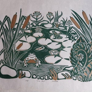 Frog Pond Seconds / Trial Prints - Impresión Lino hecha a mano original - Decoración de pared - Floral - Naturaleza - Rana - Vida Silvestre - Retrato de mascota