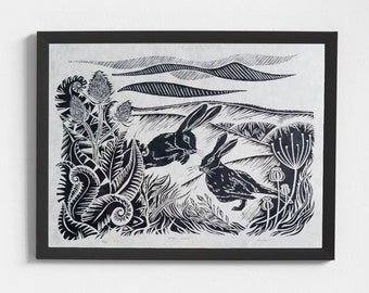 Playful Hares - Original Handmade Lino Print - Wall Decor - Black and White - Landscape