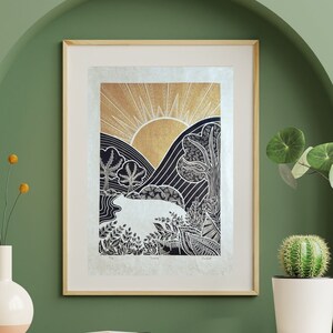 Sunrise - Lino Print - Handmade - Wall Art - Home Decor - Landscape Art