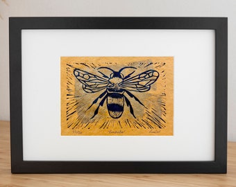 Bumble Bee - Original Handmade Lino Print - Wall Decor