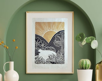 Sunrise - Lino Print - Handmade - Wall Art - Home Decor - Landscape Art