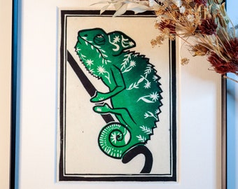 Chameleon - Original Handmade Lino Print - Wall Decor - Reptile - Pet Portrait