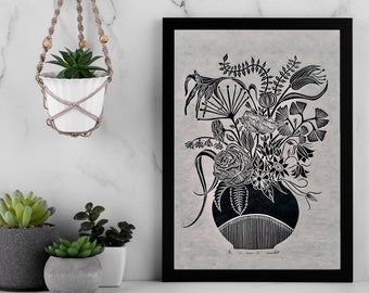 In Bloom II - Lino Print - Handmade - Wall Art - Home Decor - Floral