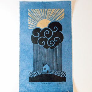 Every Cloud Lino Print Handmade Wall Art Home Decor Nautical Blue