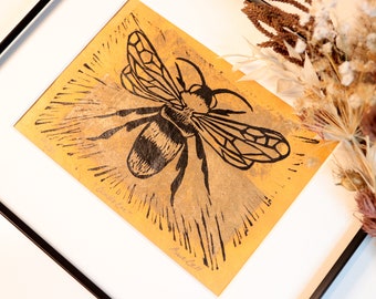 Bumble Bee - Original Handmade Lino Print - Wall Decor