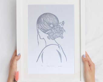 Flower Girl - Original Handmade Lino Print - Wall Decor - Floral - Bridal