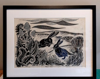 Playful Hares - Original Handmade Lino Print - Wall Decor - Black and White - Landscape