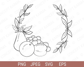 Corona de frutas / Dibujada a mano / SVG, EPS, PNG / Descarga instantánea / Corona de garabato / Marco redondo / Archivos para Cricut Silhouette