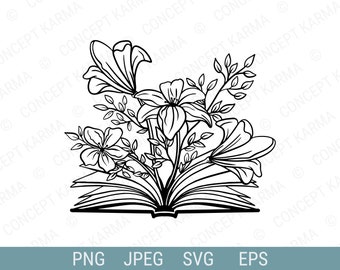 Book with flowers svg | Book lover svg | Floral line art | Reading teacher svg | Wildflower svg | Flowers Growing Out of Book SVG