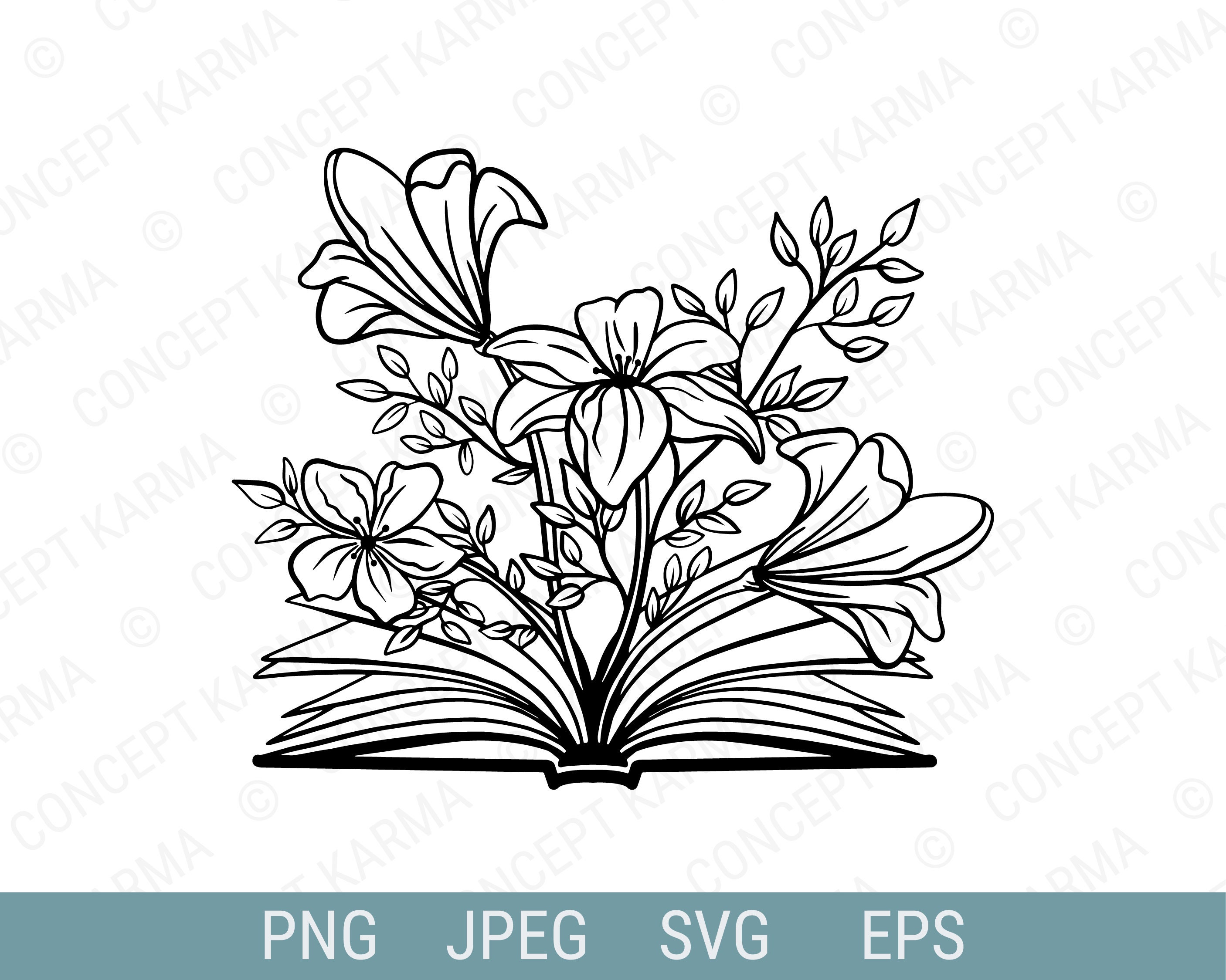 Book With Flowers Svg Book Lover Svg Floral Line Art Reading Teacher