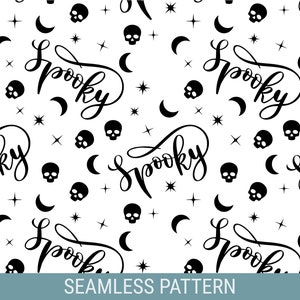 May include: Black and white seamless pattern featuring the word "Spooky" written in a stylized font, along with crescent moons, stars, and skulls.