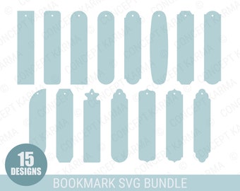 Puede incluir: Un conjunto de 15 diseños de marcapáginas diferentes en color azul claro. Los marcapáginas son todos de forma rectangular y tienen varios bordes decorativos. El texto "BOOKMARK SVG BUNDLE" está en la parte inferior de la imagen.