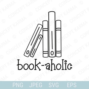 Può includere: Disegno in bianco e nero di una pila di libri con il testo "book-aholic" sotto.