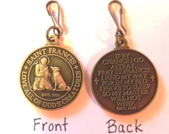 Saint St FRANCIS DOG collar TAG cat pet medal with prayer new High Quality bronze tone with snap hook