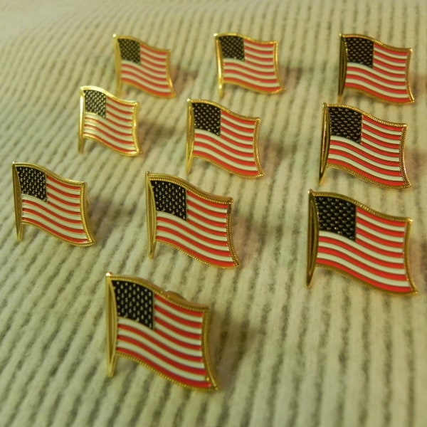 American USA Flag Lapel Pin pins Lot of  10 , GOLD FRINGE Stamped Detail, New Best Quality hat tie tack tac Fundraiser Premiums Prizes