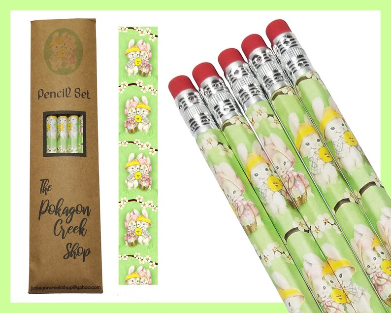 Hand Wrapped Pencil Set o 5 Easter Bunnies With Basket Full Of Eggs Gift Set Easter Basket Filler