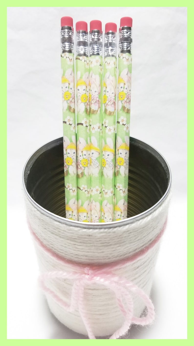 Hand Wrapped Pencil Set o 5 Easter Bunnies With Basket Full Of Eggs Gift Set Easter Basket Filler