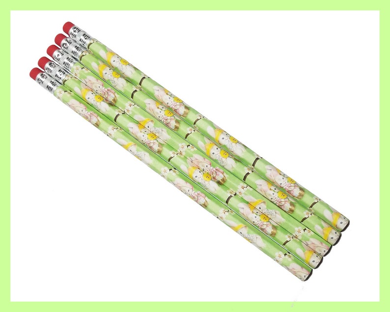 Hand Wrapped Pencil Set o 5 Easter Bunnies With Basket Full Of Eggs Gift Set Easter Basket Filler