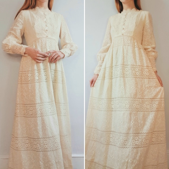 Vintage 60s 70s Cream lace maxi dress by Emma Domb