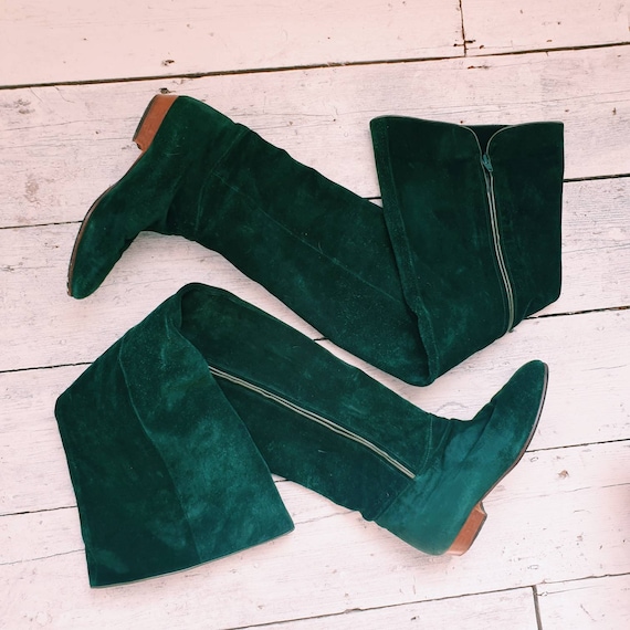 Vintage 70s 80s Thigh High Suede Green boots UK 4