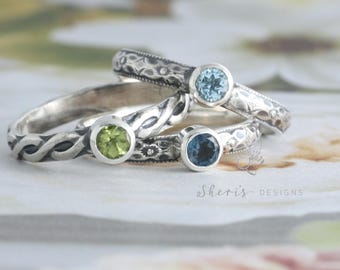 4mm Birthstone Sterling Silver Stacking Ring, Mother's Family Gift, Custom made Jewelry