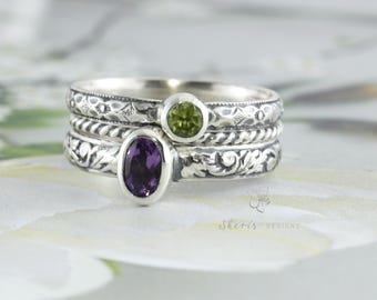 Set of 2 Birthstone Mothers Stacking Ring set, Gemstones Sterling Silver Rings, Family Rings Custom Made