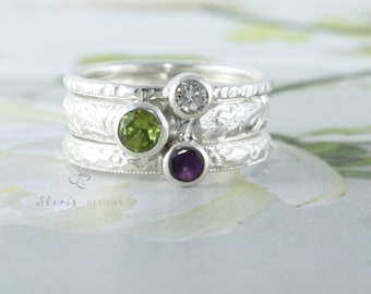 Set of 3 birthstone rings, Sterling Silver Family Ring Set, Custom made