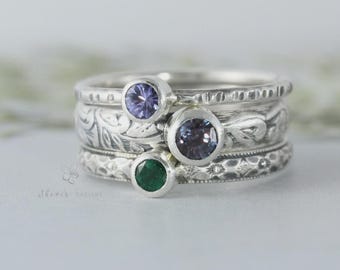 Set of 3 birthstone rings, Sterling Silver Family Ring Set, Custom made