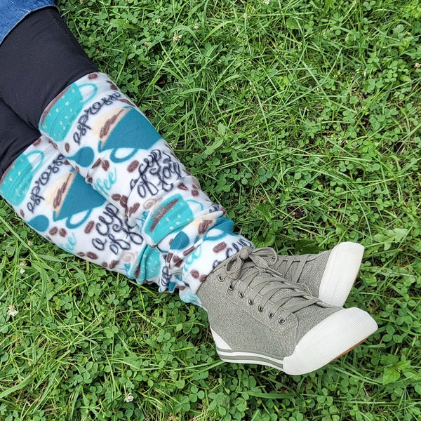 Fleece Legwarmers - Coffee Themed - Fit Adult Women or Men - Soft Stretchy Fleece - Great for Leg Nerve Pain or Cold Sensitivity