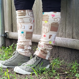 Fleece Legwarmers - Beige Tea Themed - Fit Adult Women or Men - Soft Stretchy Fleece - Great for Leg Nerve Pain or Cold Sensitivity