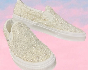 Vans Bling adornadas con perlas, zapatos sin cordones Wedding Bling, furgonetas Pearl Bling Rhinestone personalizadas