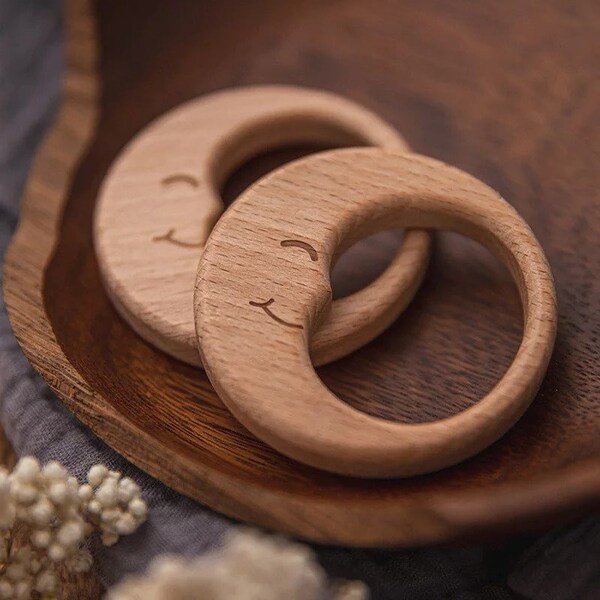 Natuurlijke Eco Onafgewerkte Ring Maan, Houten Baby Speelgoed, Baby Douche,