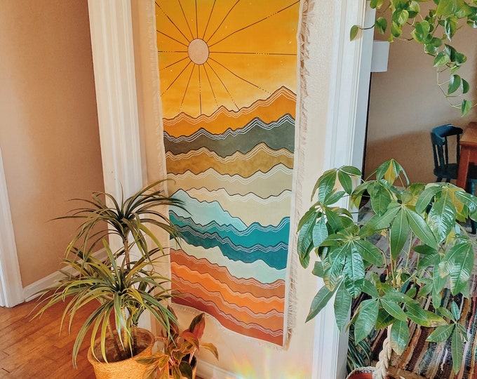 Sunset Mountain Wall Tapestry | full wall hanging boho decor hippie art rainbow mountain