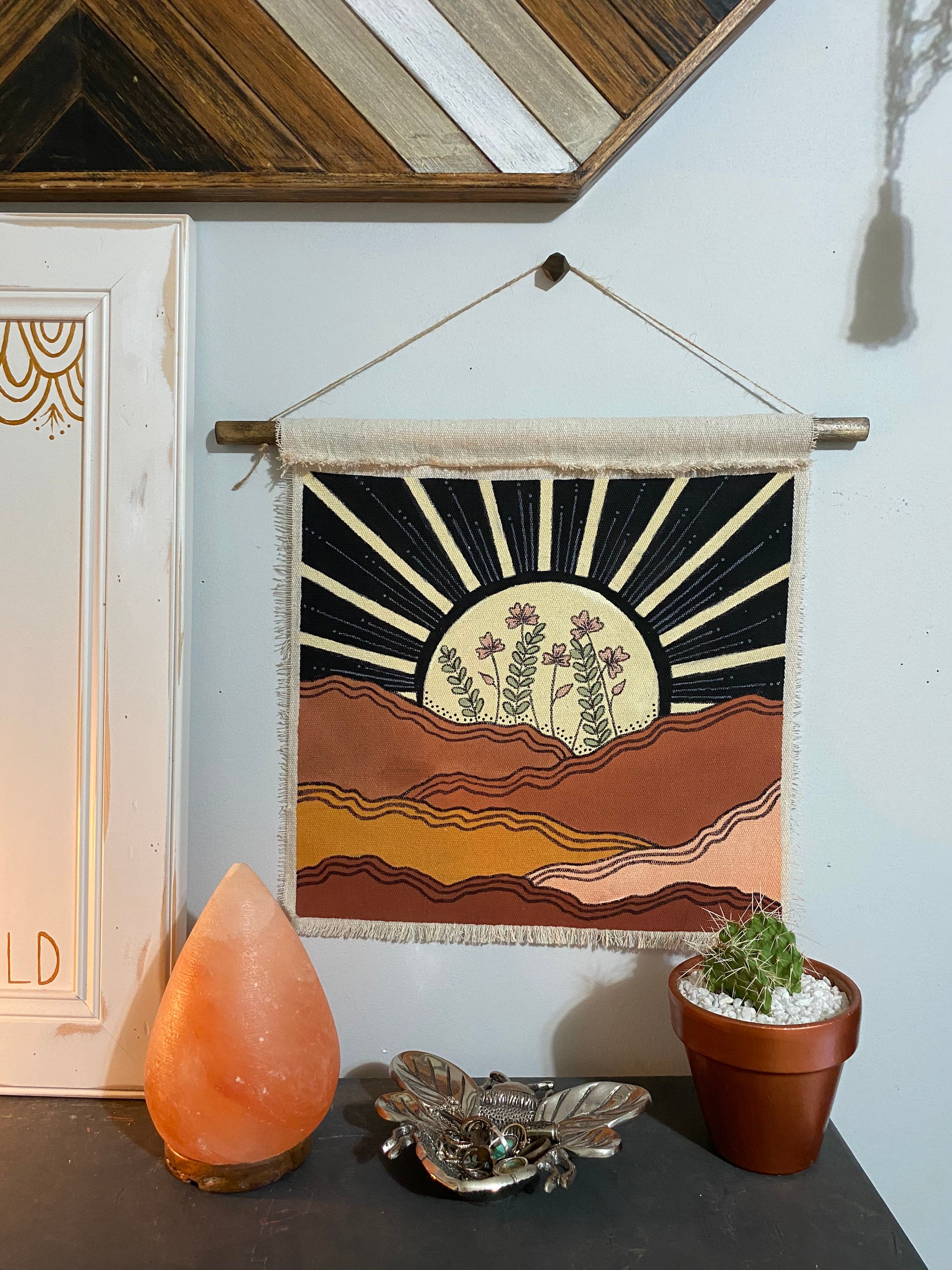 Sunset Mountain Wall Tapestry Hand Painted Retro Sunset Etsy