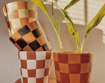 Checkerboard Planter Pot | terracotta clay handpainted indoor pot boho decor urban eclectic modern checkerboard minimalist