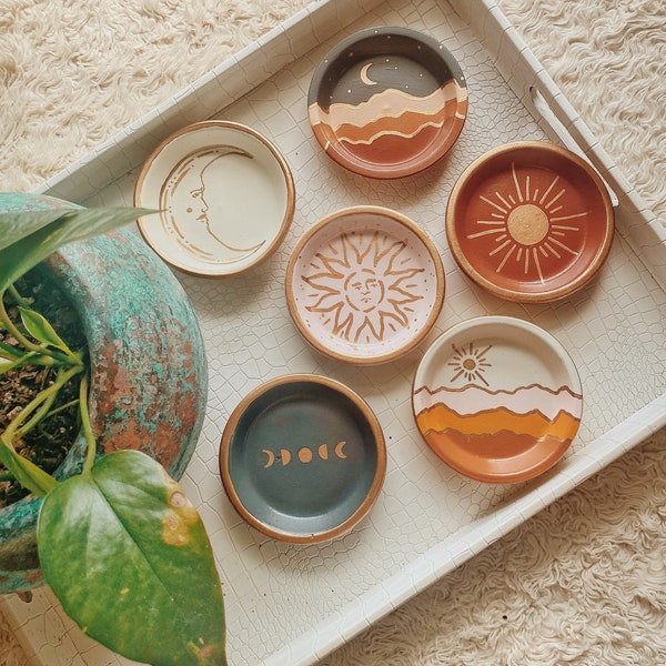 Bohemian Trinket Tray | minimalist jewelry tray holder, moon, sun, boho home decor, vanity, hippie decor, jewelry dish, clay, retro, gypsy