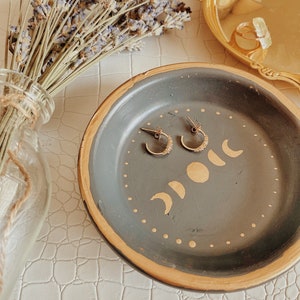 Moon Phase Trinket Tray | terracotta clay dish, handpainted jewelry holder, boho ring dish, metallic celestial, candle holder, hippie decor